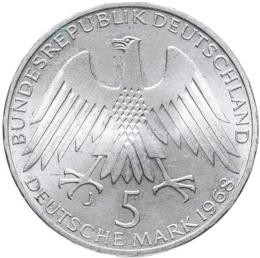 Германия 5 марок (deutsche mark) 1968  150 лет со дня рождения Фридриха Вильгельма Райффайзена, реверс