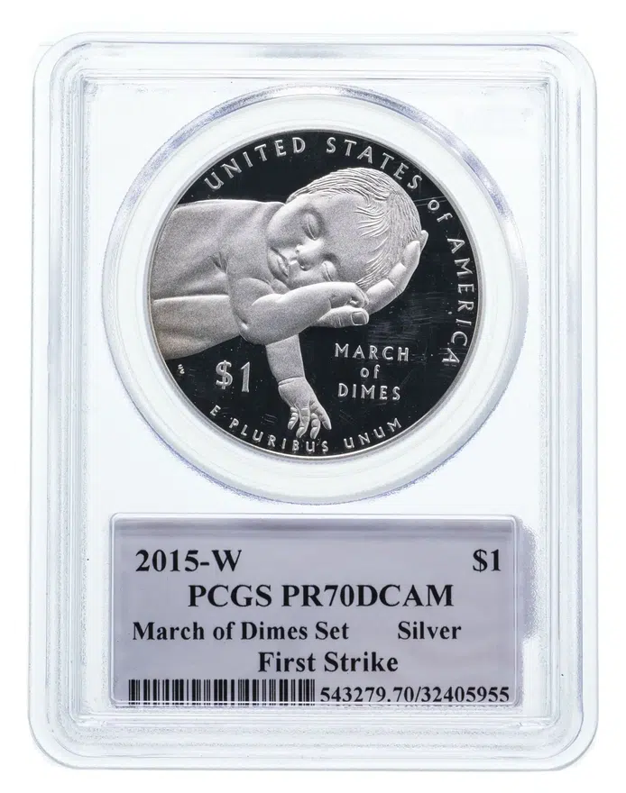 США 1 доллар (dollar) 2015 W 75 лет фонду "March of Dimes" знак монетного двора: "W" - Вест-Поинт, аверс