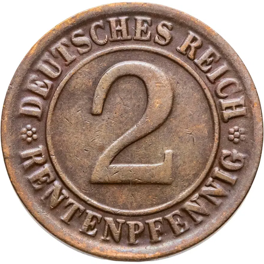 Германия 2 пфеннига (рентенпфеннига, rentenpfennig) 1923 D  знак монетного двора "D" — Мюнхен