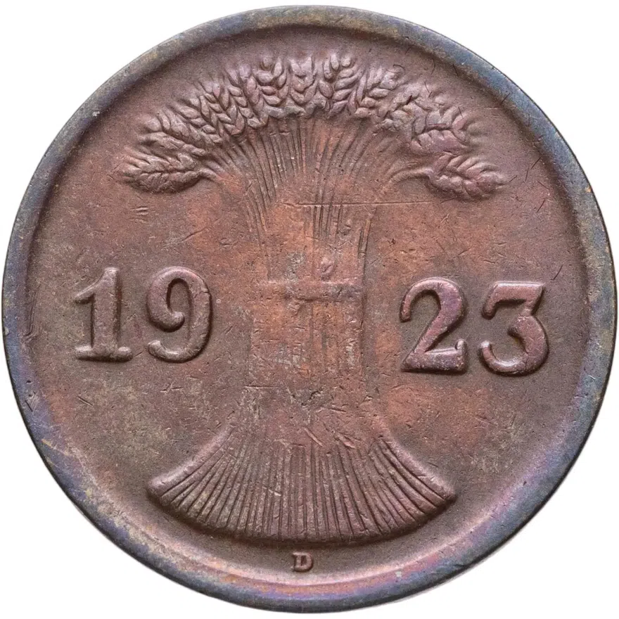 Германия 2 пфеннига (рентенпфеннига, rentenpfennig) 1923 D  знак монетного двора "D" — Мюнхен, реверс