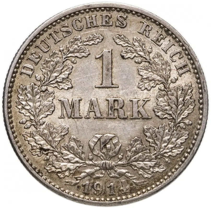 Германия 1 марка (mark) 1914 G  знак монетного двора: "G" - Карлсруэ, аверс