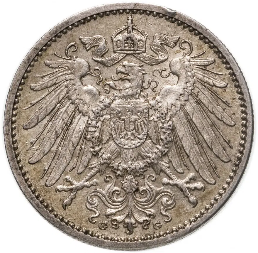 Германия 1 марка (mark) 1914 G  знак монетного двора: "G" - Карлсруэ, реверс