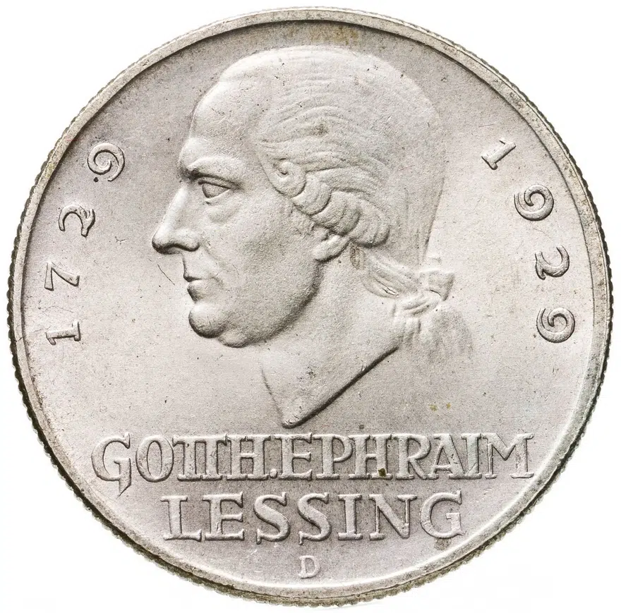 Германия 3 рейхсмарки (reichsmark) 1929 D 200 лет со дня рождения Готхольда Лессинга знак монетного двора "D" — Мюнхен