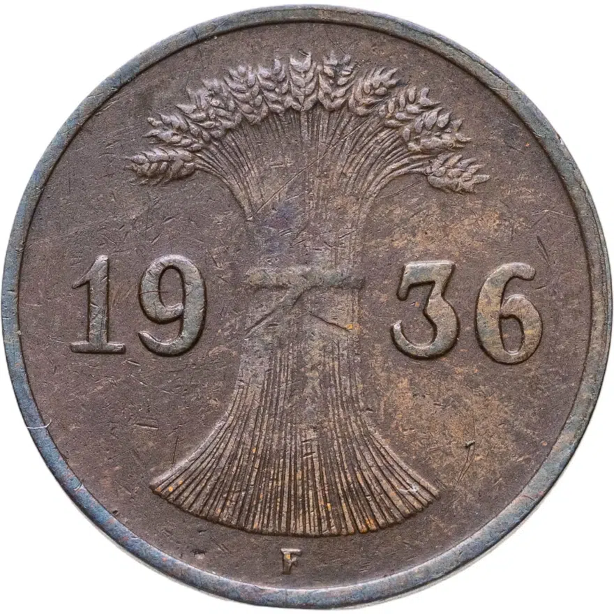 Германия 1 рейхспфенниг (reichspfennig) 1936 F  знак монетного двора "F" — Штутгарт, реверс