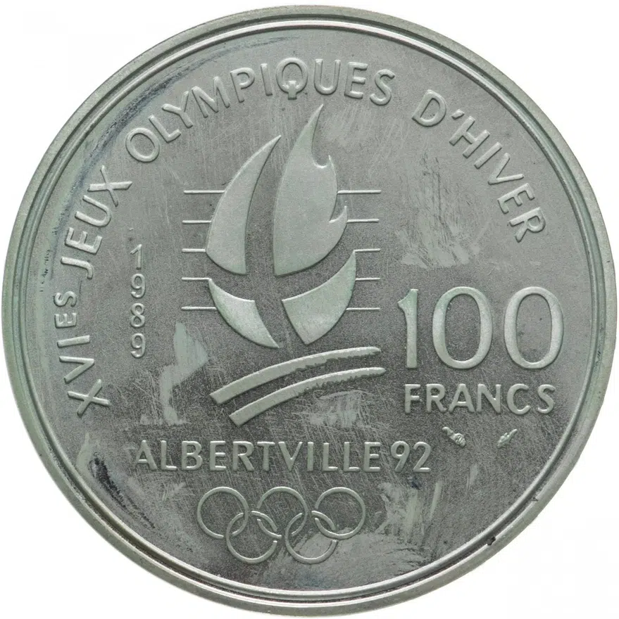 Франция 100 франков (francs) 1989   XVI зимние Олимпийские Игры, Альбервиль 1992 - Парное фигурное катание, реверс