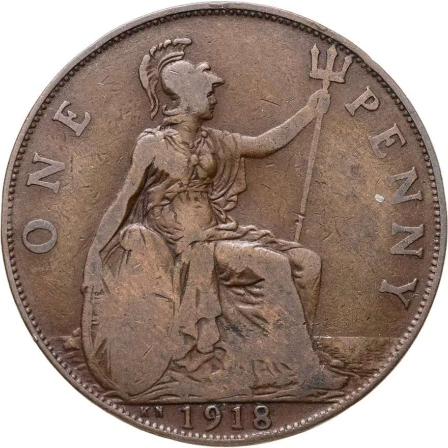 Великобритания 1 пенни (penny) 1918 KN  знак монетного двора: "KN" - Кингз Нортон Металл, Бирмингем, реверс