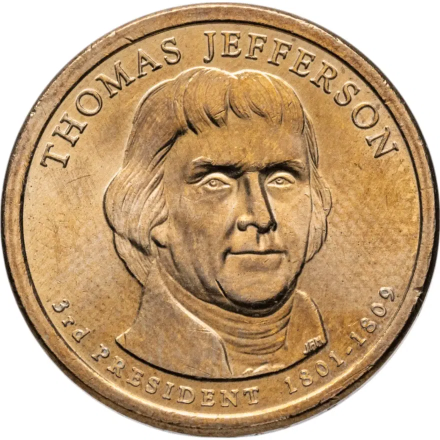 США 1 dollar (доллар) 2007 "Томас Джефферсон (3-й президент США)", знак монетного двора "P" - Филадельфия, аверс