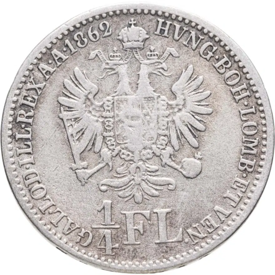 Австрия 1/4 флорина (florin) 1862 A  знак монетного двора "A" - Вена