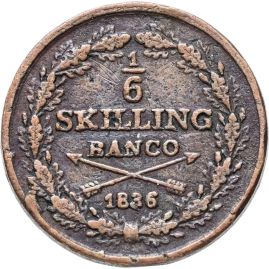 Швеция 1/6 скиллинга банко (skilling banco) 1836, реверс