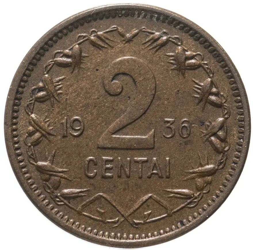 Литва 2 цента (centai) 1936, аверс