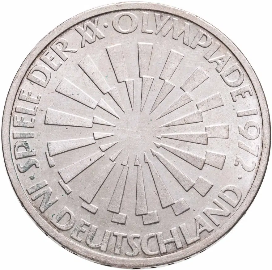 Германия 10 марок (mark) 1972 "XX летние Олимпийские Игры, Мюнхен 1972 - Эмблема", реверс