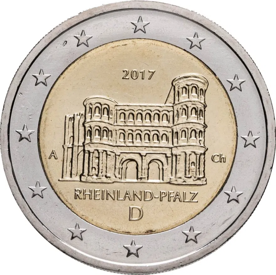 Германия 2 евро (euro) 2017 Федеральные земли: Рейнланд-Пфальц - Порта Нигра, знак монетного двора "А" - Берлин, аверс
