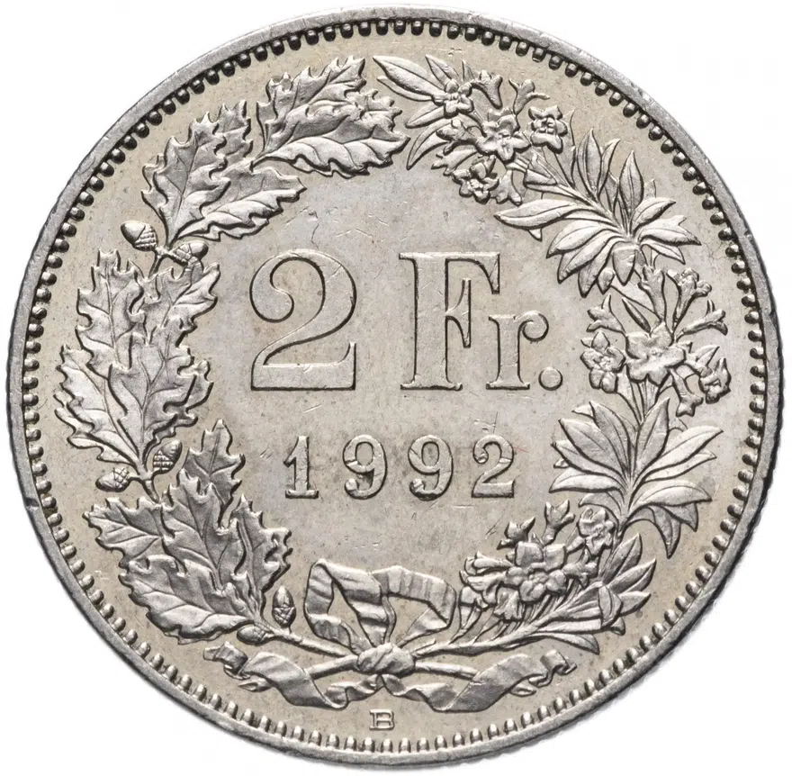 Швейцария 2 франка (francs) 1992