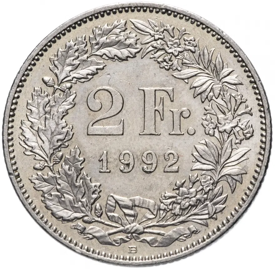 Швейцария 2 франка (francs) 1992, реверс