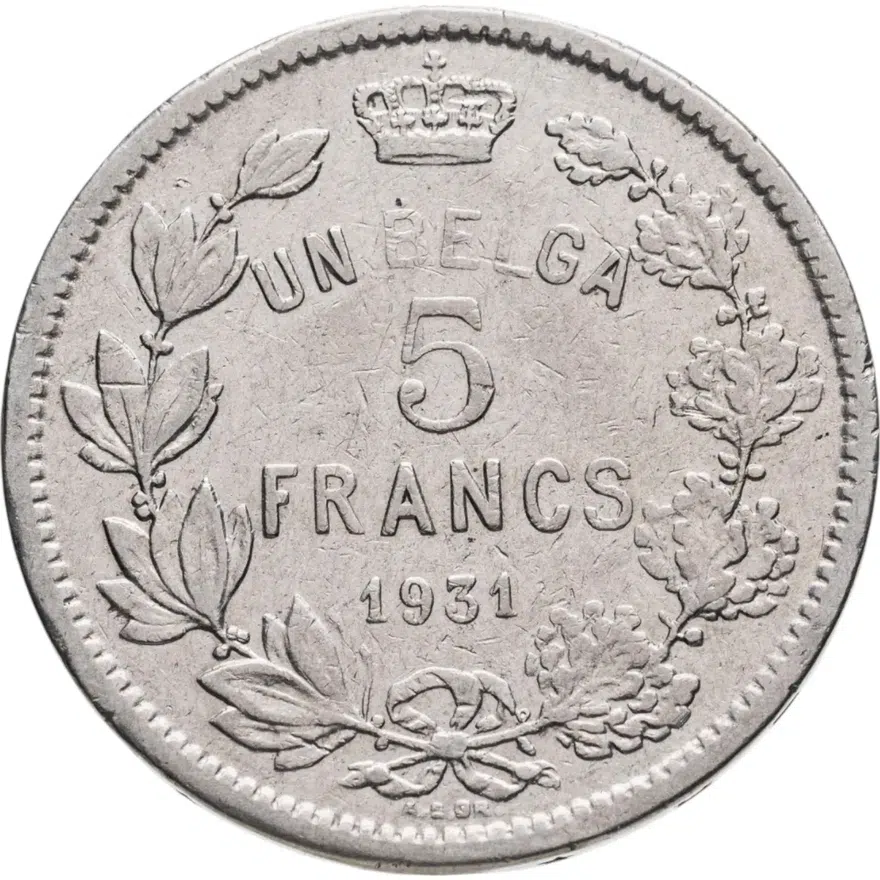 Бельгия 5 франков (francs) 1931  Надпись на французском - 'ALBERT ROI DES BELGES', реверс