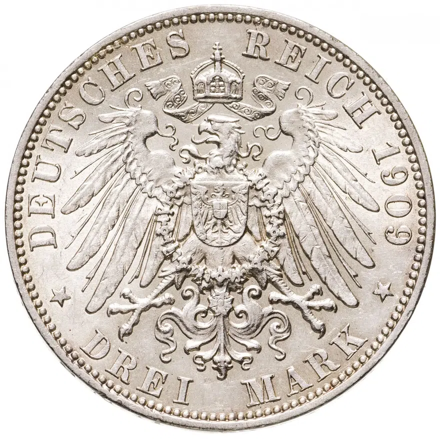 Германия (Империя) 3 марки (mark) 1909 E  Саксония, реверс