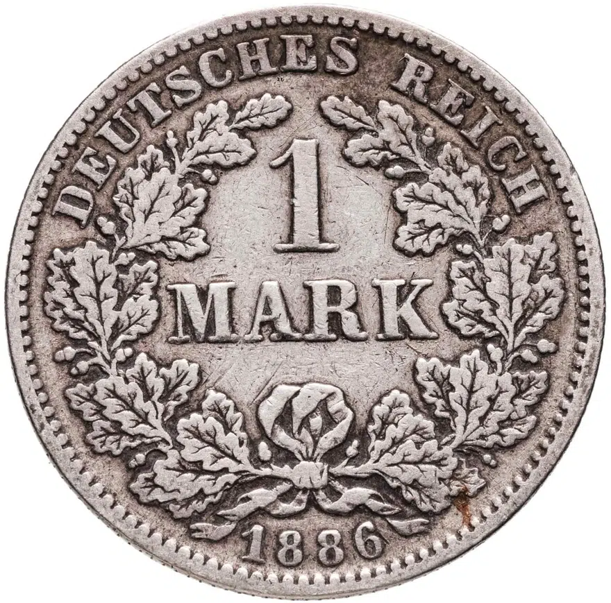 Германия 1 марка (mark) 1886 F  знак монетного двора: "F" - Штутгарт, аверс