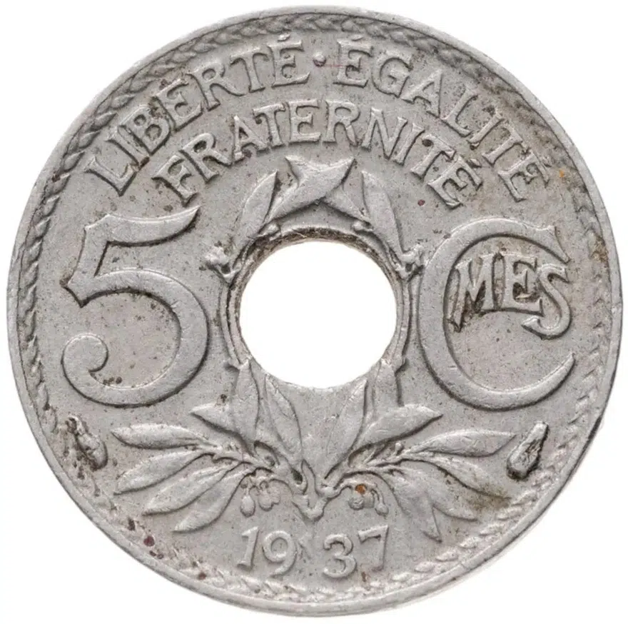 Франция 5 сантимов (centimes) 1937  Новый тип: Отверстие в центре, реверс