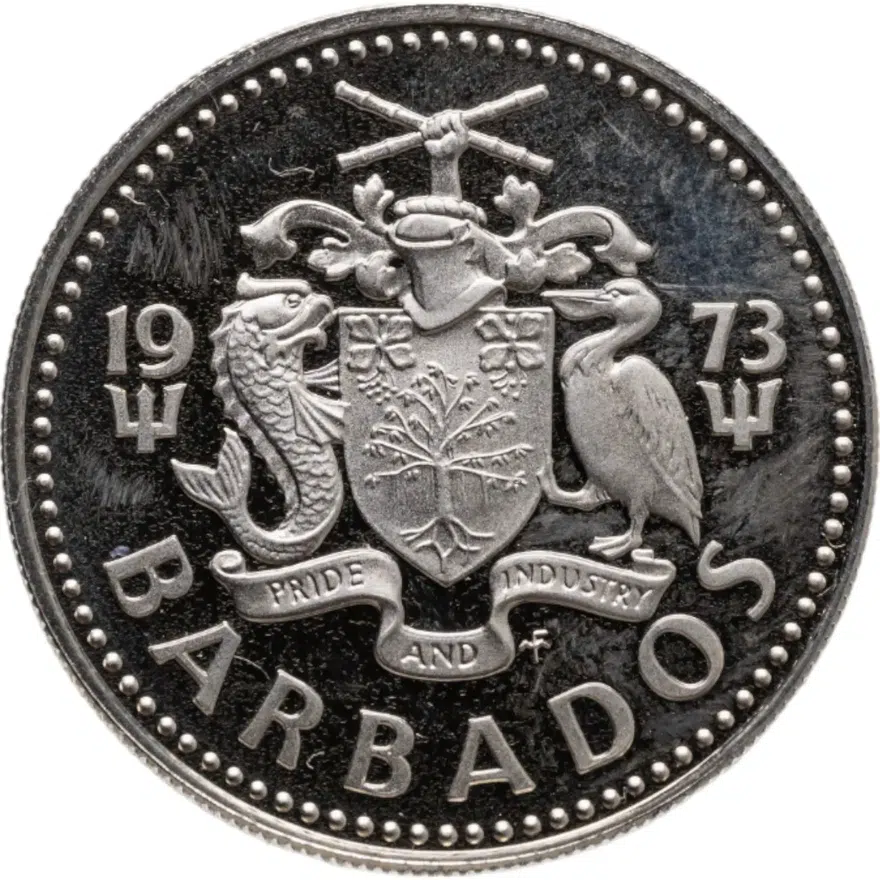 Барбадос 25 центов (cents) 1973   обозначение монетного двора "FM" — The Franklin Mint