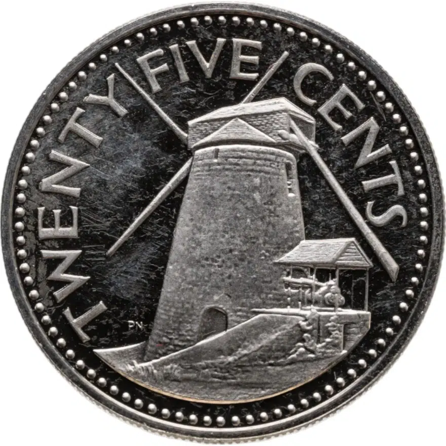 Барбадос 25 центов (cents) 1973   обозначение монетного двора "FM" — The Franklin Mint, реверс