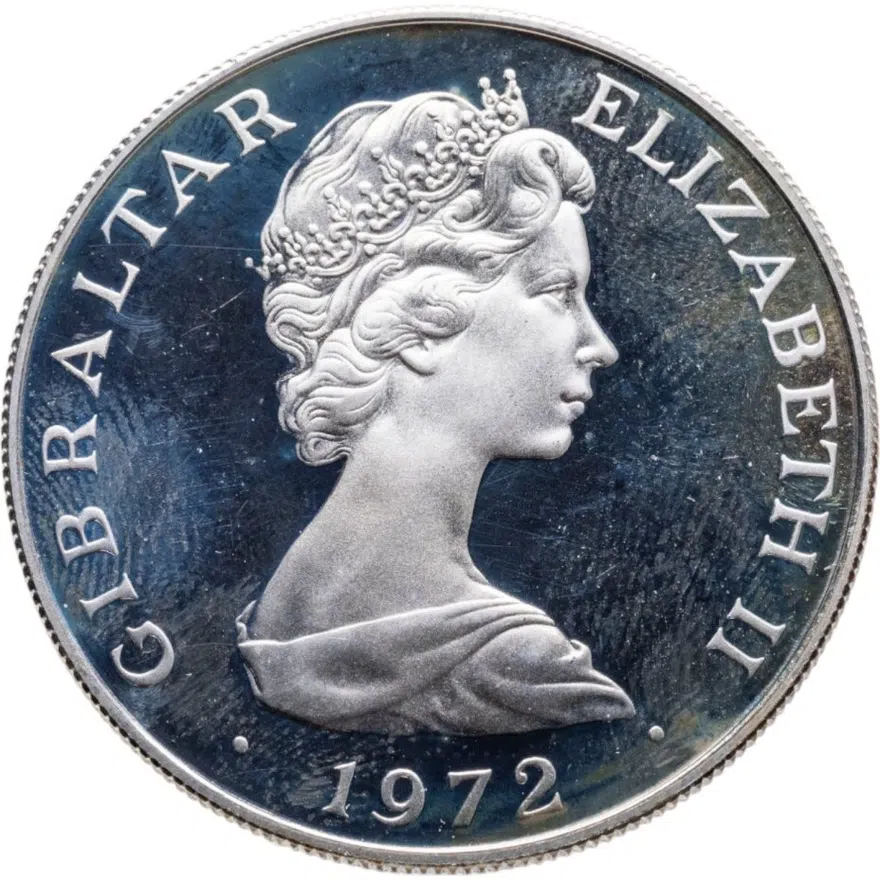 Гибралтар 25 новых пенсов (new pence) 1972  25 лет свадьбе Королевы Елизаветы II и Принца Филиппа, аверс