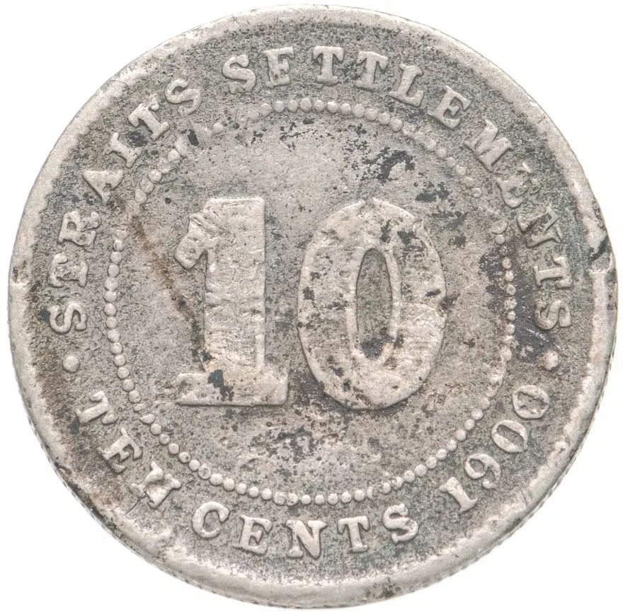 Стрейтс Сетлментс 10 центов (cents) 1900 H  знак монетного двора: "H" - Хитон, Бирмингем, реверс