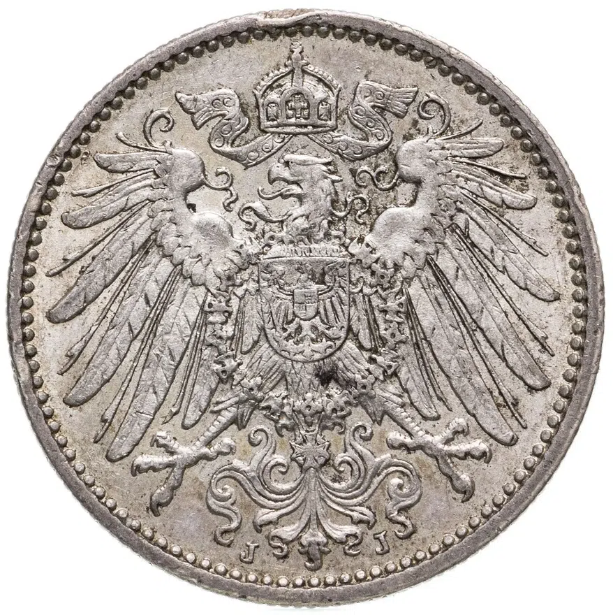 Германия 1 марка (mark) 1915 J  знак монетного двора: "J" - Гамбург, реверс