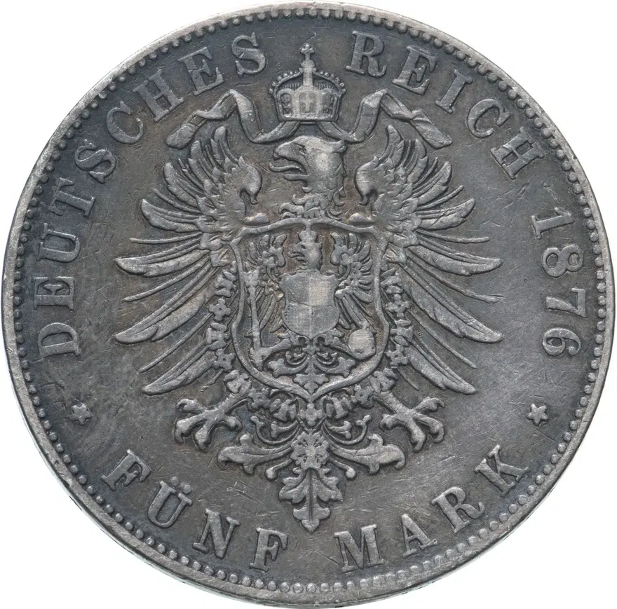 Германия (Империя) 5 марок (mark) 1876   Надпись "BΛDEN", реверс
