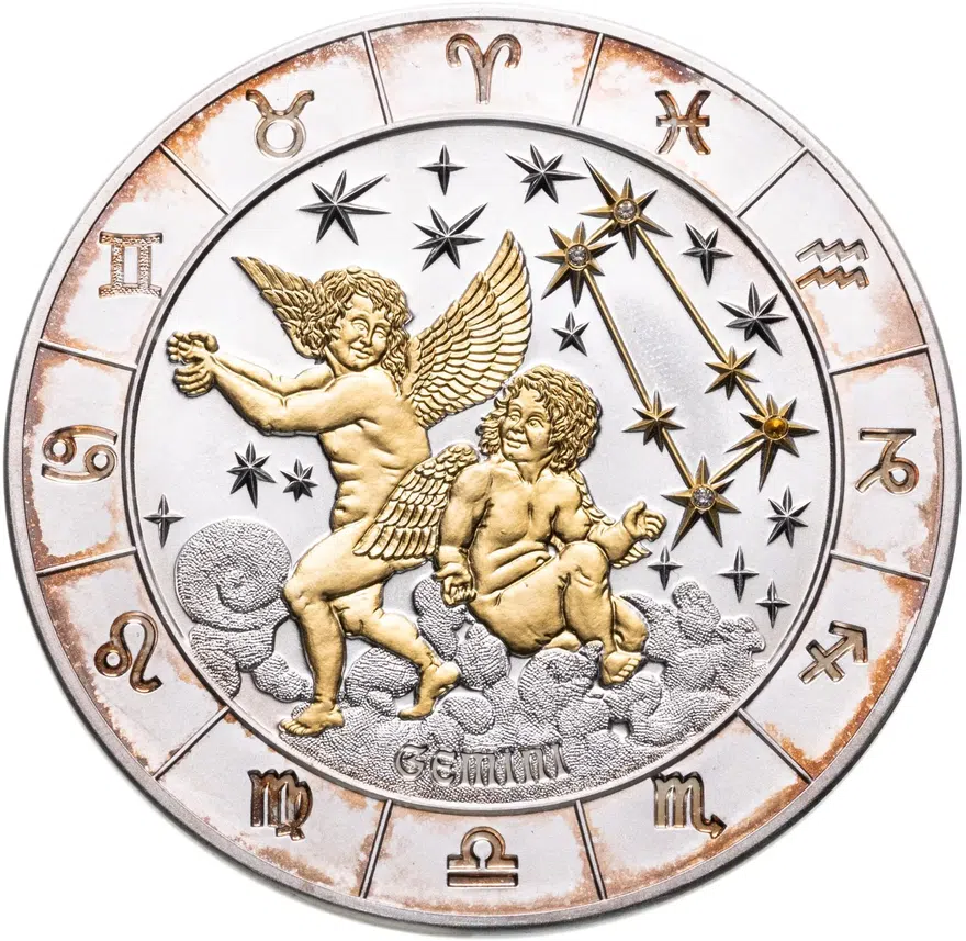 Руанда 1000 франков (francs) 2009  Знаки зодиака - Близнецы, позолота, вставки бриллианты, в футляре, с сертификатом