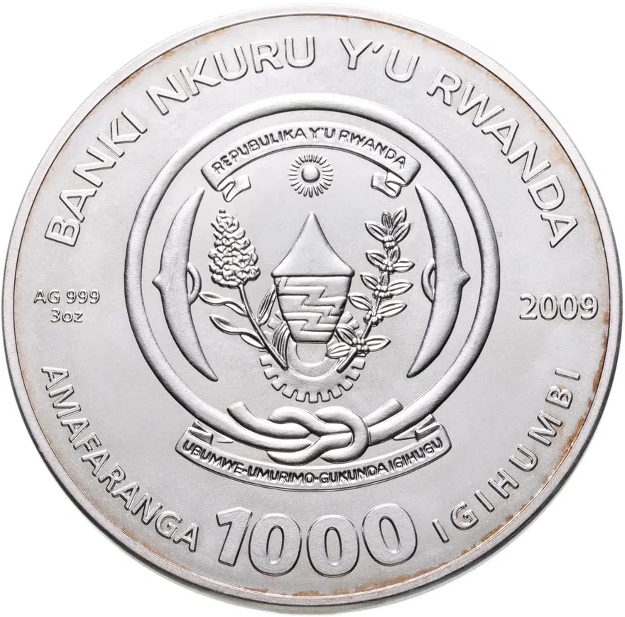 Руанда 1000 франков (francs) 2009  Знаки зодиака - Близнецы, позолота, вставки бриллианты, в футляре, с сертификатом, реверс