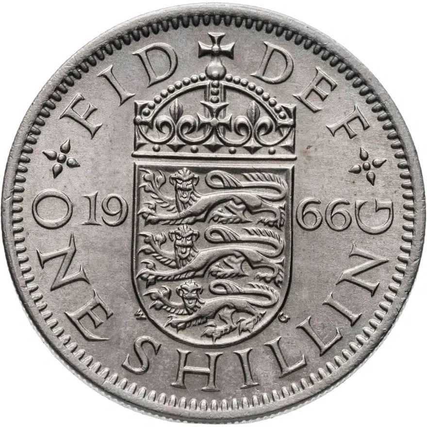 Великобритания 1 шиллинг (shilling) 1966  Английский герб - 3 льва внутри коронованного щита, реверс