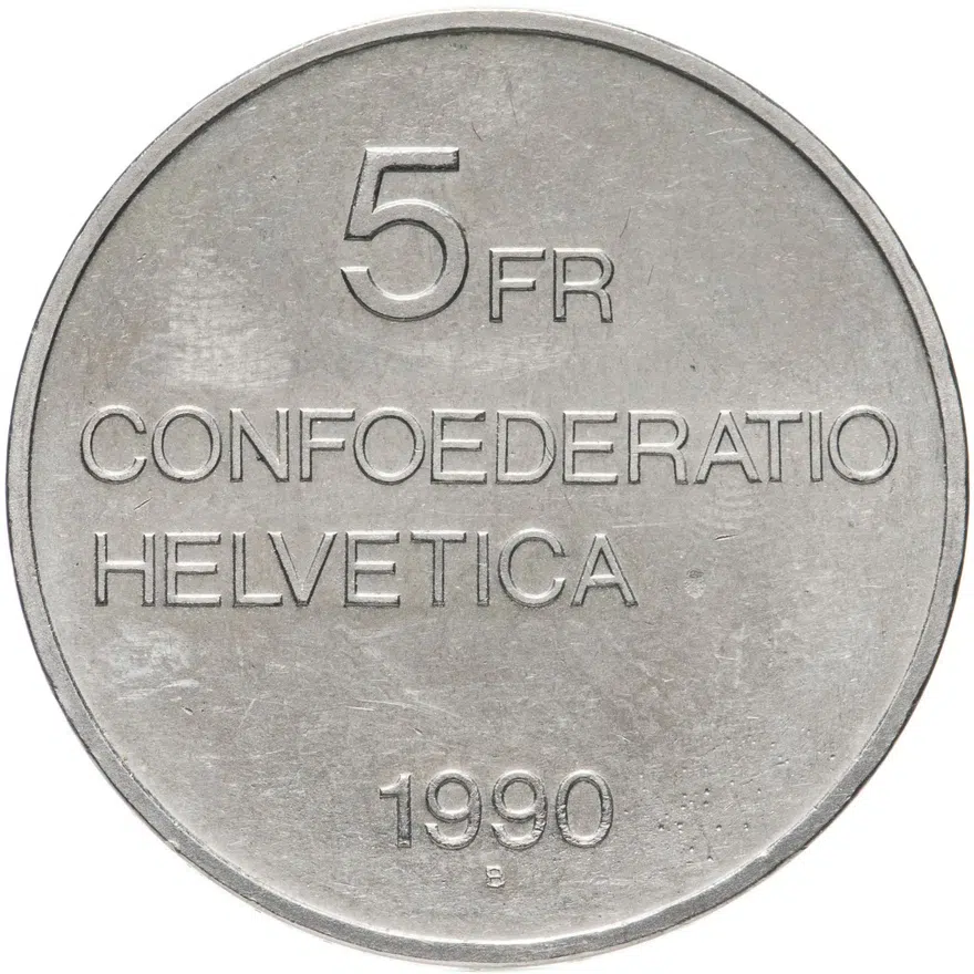 Швейцария 5 франков (francs) 1990  100 лет со дня смерти Готфрида Келлера, аверс