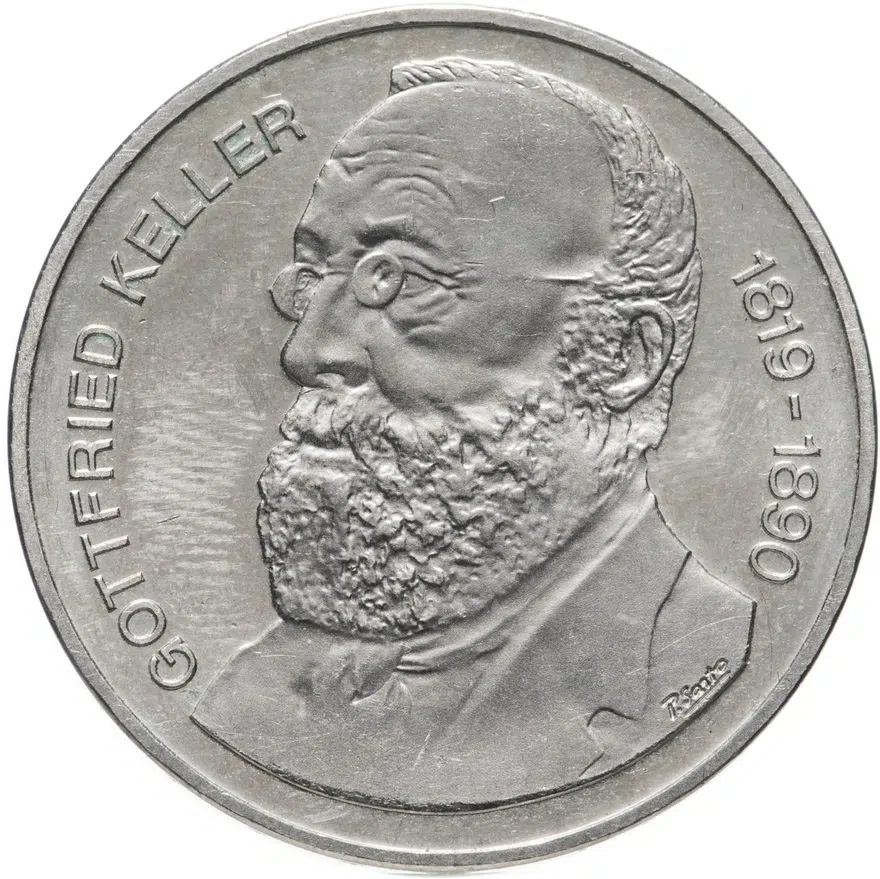 Швейцария 5 франков (francs) 1990  100 лет со дня смерти Готфрида Келлера, реверс