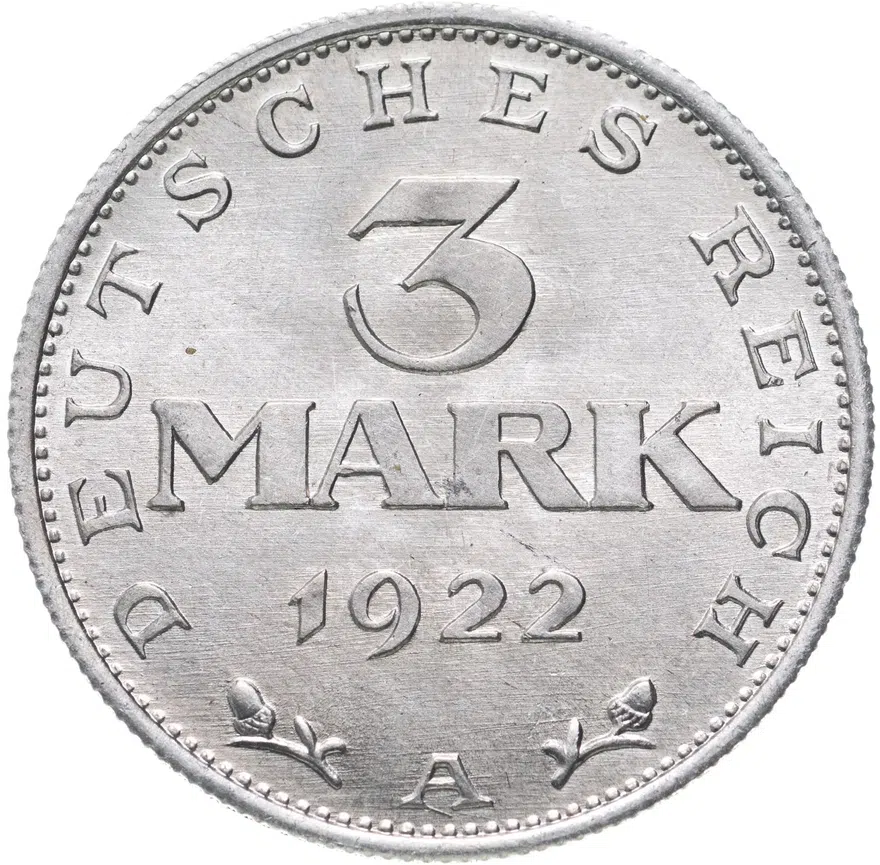 Германия 3 марки (mark) 1922 A  знак монетного двора "A" — Берлин