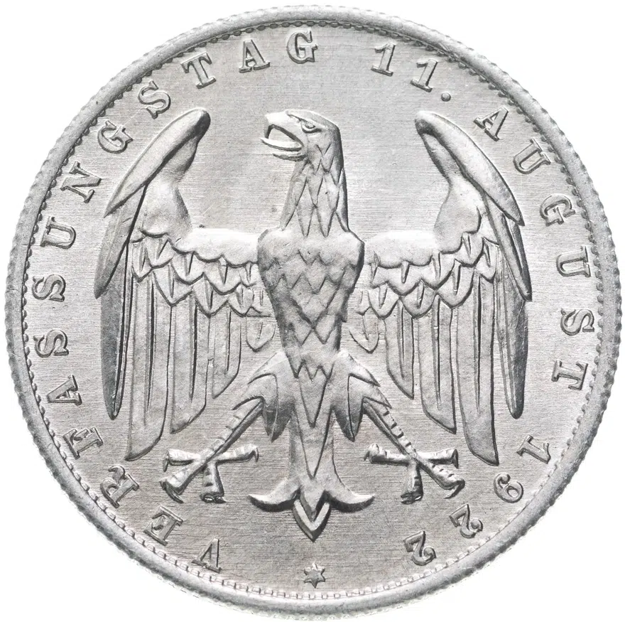 Германия 3 марки (mark) 1922 A  знак монетного двора "A" — Берлин, реверс