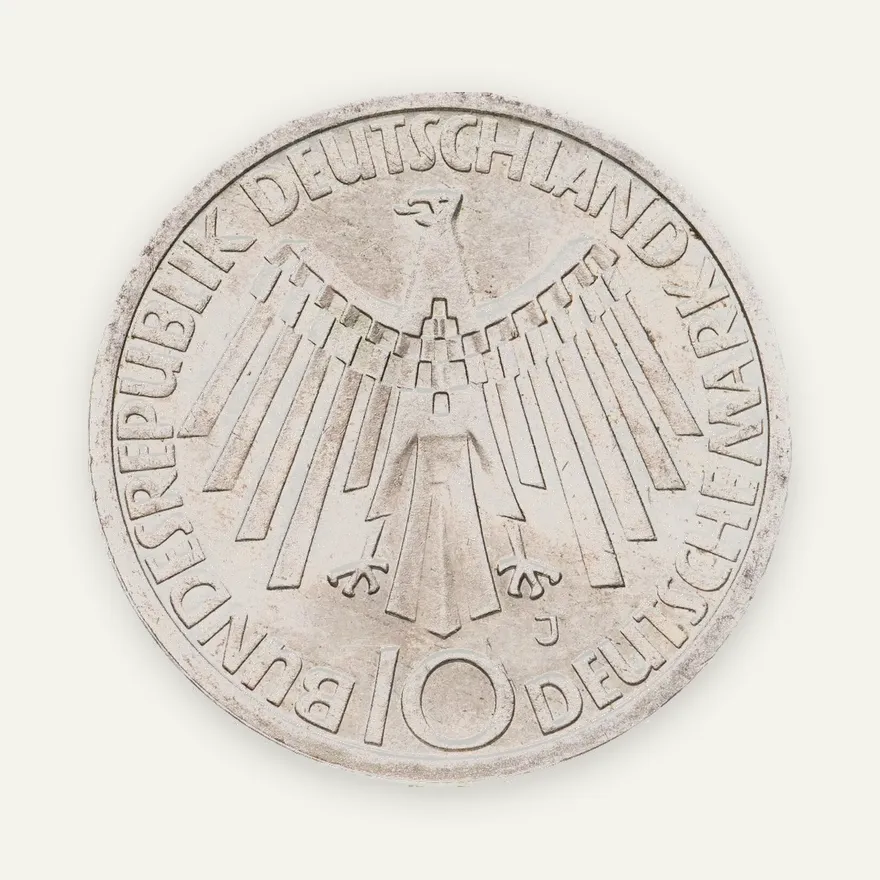 ФРГ 10 марок 1972 J "Олимпиада в Мюнхене -Эмблема In München", реверс