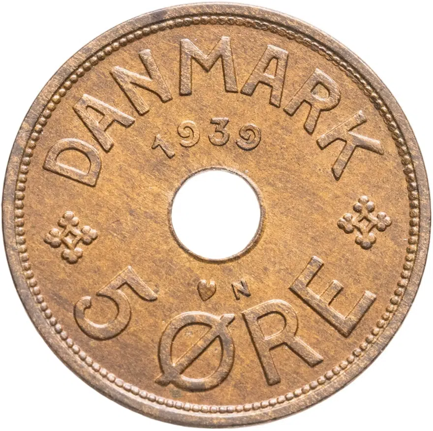 Дания 5 эре (ore) 1939, реверс