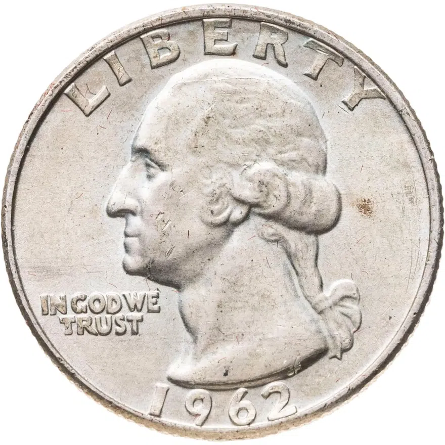 США 25 центов (квотер, 1/4 доллара, quarter dollar) 1962 D Washington Quarter (Вашингтон) знак монетного двора "D" - Денвер, аверс