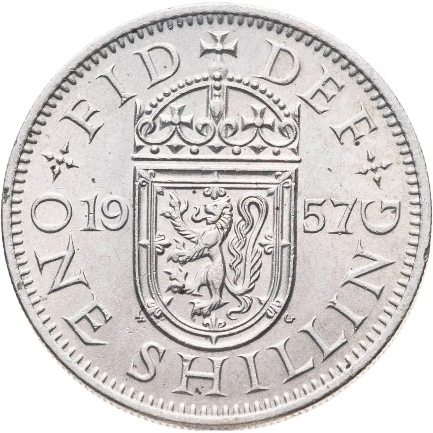 Великобритания 1 шиллинг (shilling) 1957  Шотландский герб - атакующий лев внутри коронованного щита, аверс