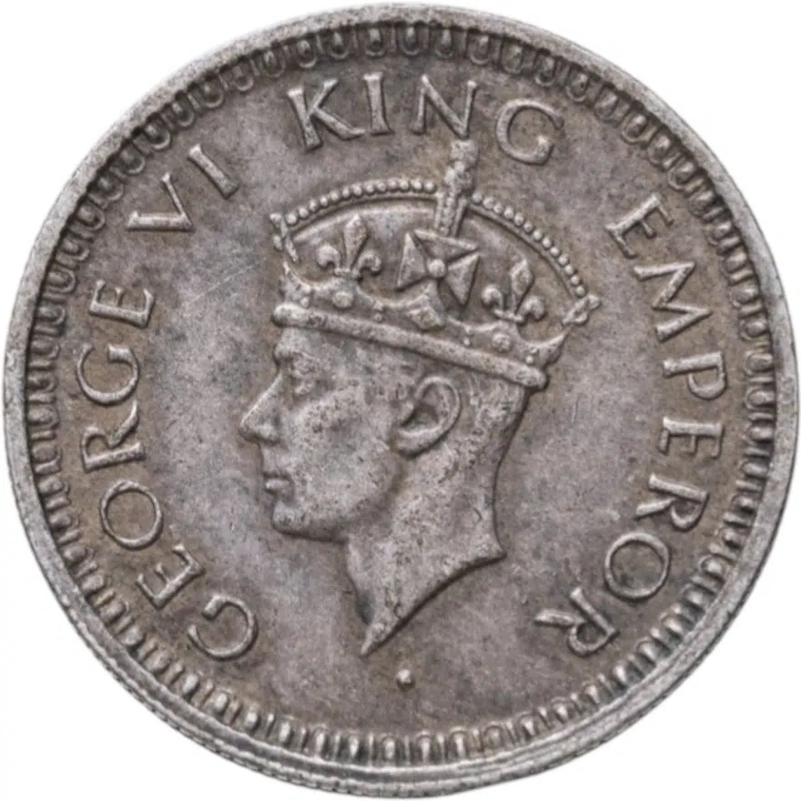 Индия (Британская) 1/4 рупии (rupee) 1943 L Ребристый гурт с желобом внутри знак монетного двора: "L" - Лахор