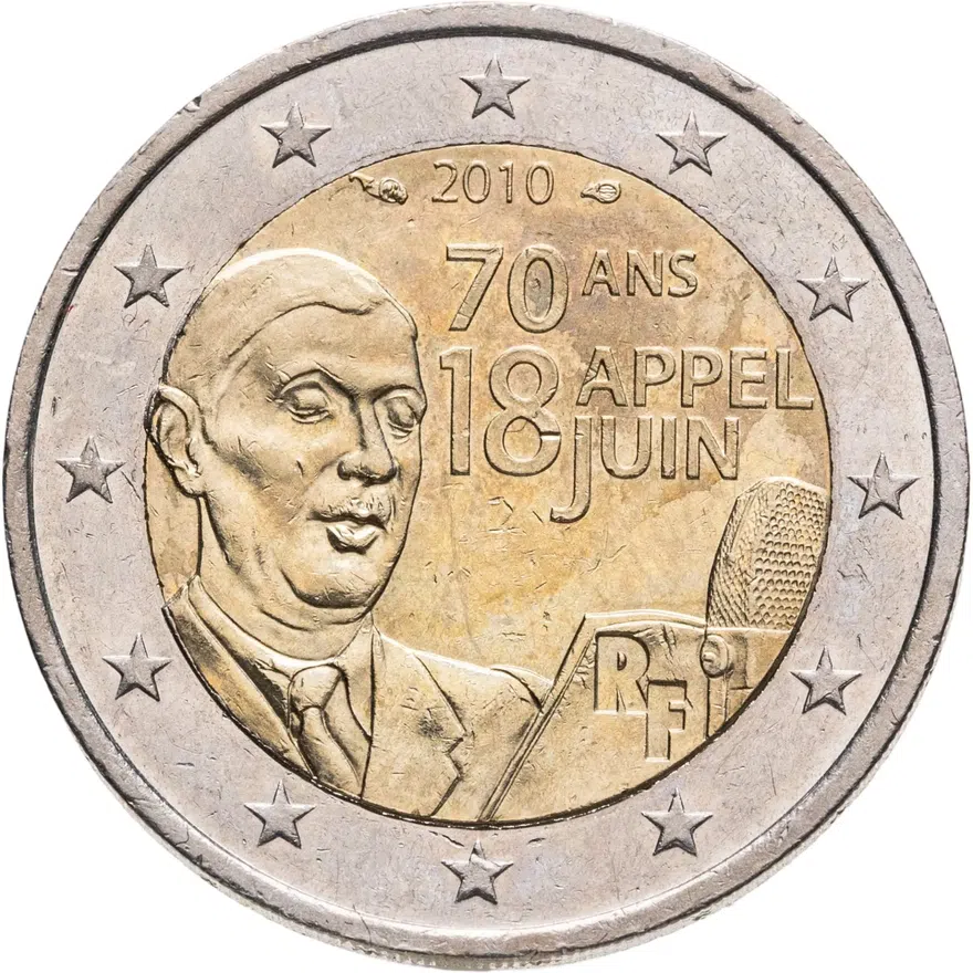 Франция 2 евро 2010 "70 лет воззванию Шарля де Голля "Ко всем французам" 18 июня 1940 года"