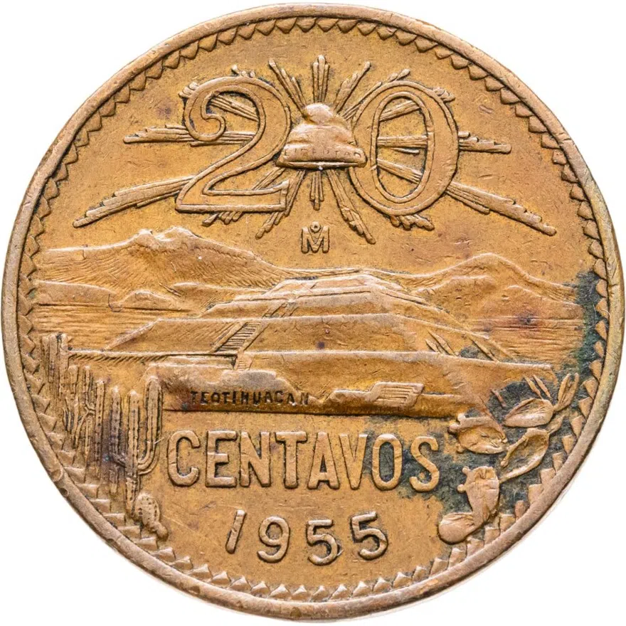 Мексика 20 сентаво (centavos) 1955 Новый тип аверса, Голова змеи далеко от кактуса