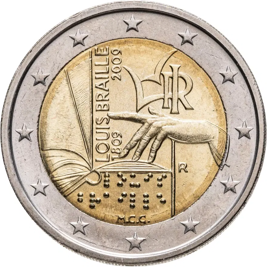 Италия 2 евро (euro) 2009 200 лет со дня рождения Луи Брайля, аверс