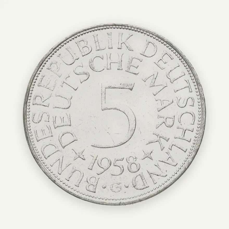 Германия 5 марок (deutsche mark) 1958 G  знак монетного двора: "G" - Карлсруэ