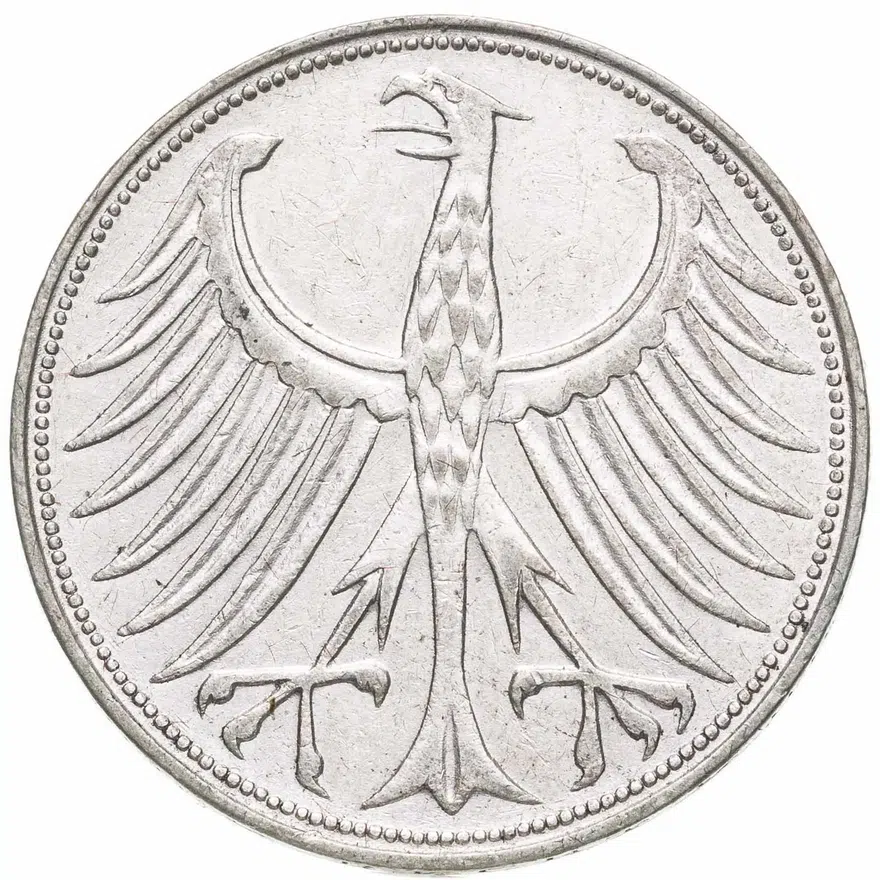Германия 5 марок (deutsche mark) 1958 G  знак монетного двора: "G" - Карлсруэ, реверс