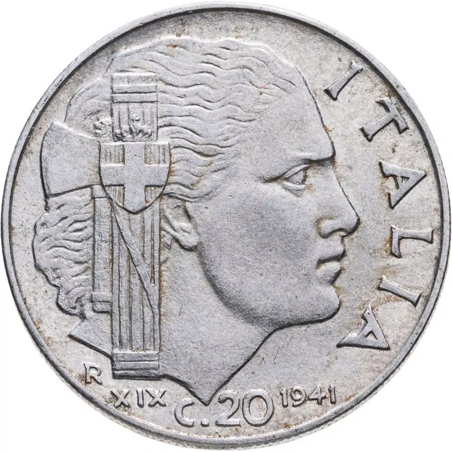 Италия 20 чентезимо (centesimi) 1941  Магнетик, ребристый гурт, аверс