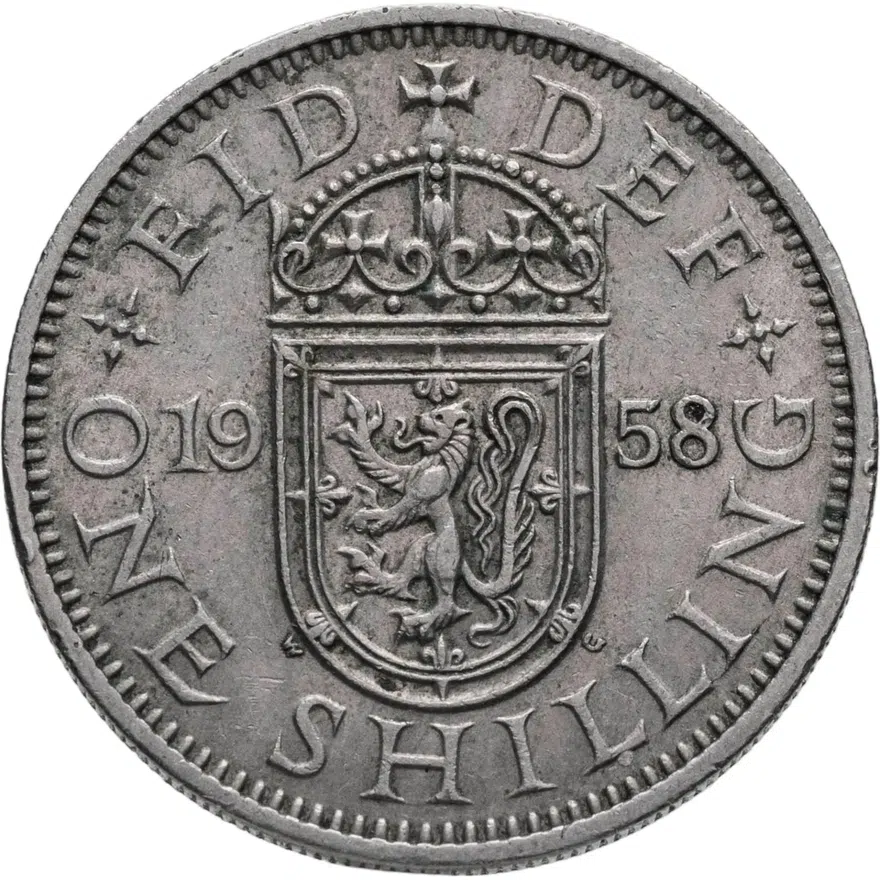 Великобритания 1 шиллинг (shilling) 1958 Шотландский герб - атакующий лев внутри коронованного щита, реверс