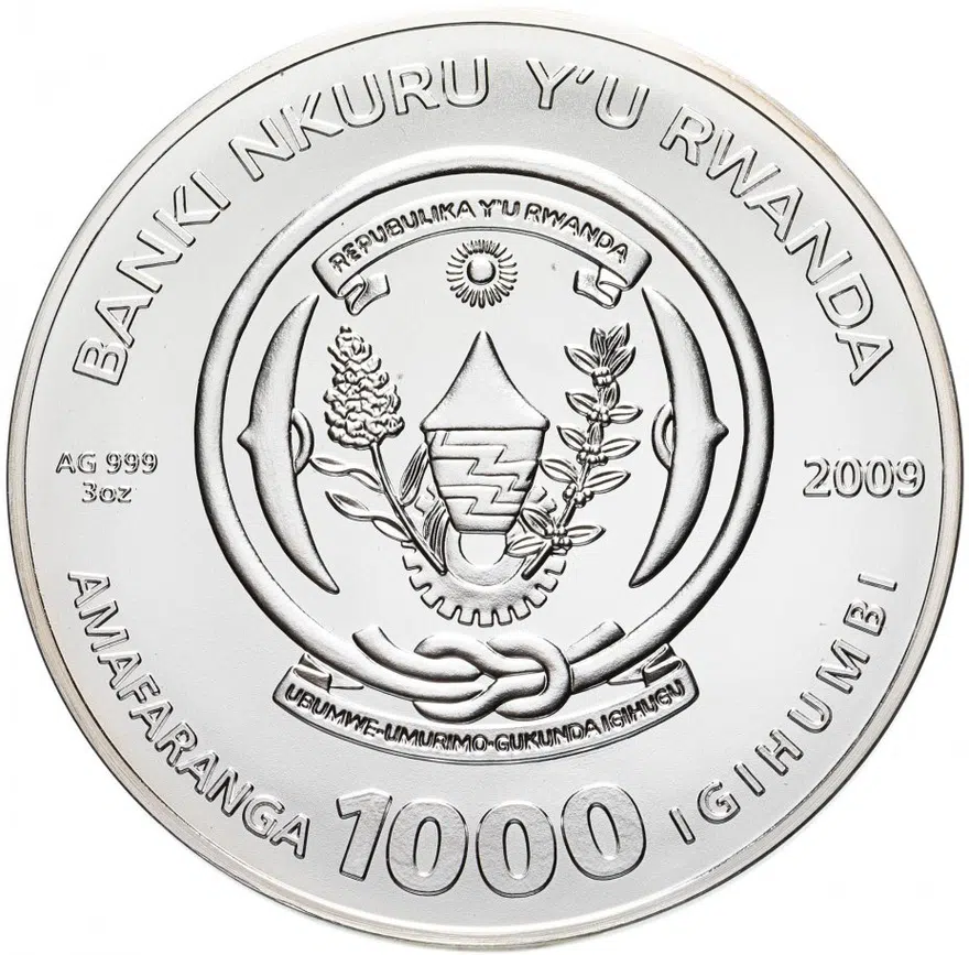 Руанда 1000 франков (francs) 2009 "Знаки зодиака - Водолей" с сертификатом, реверс