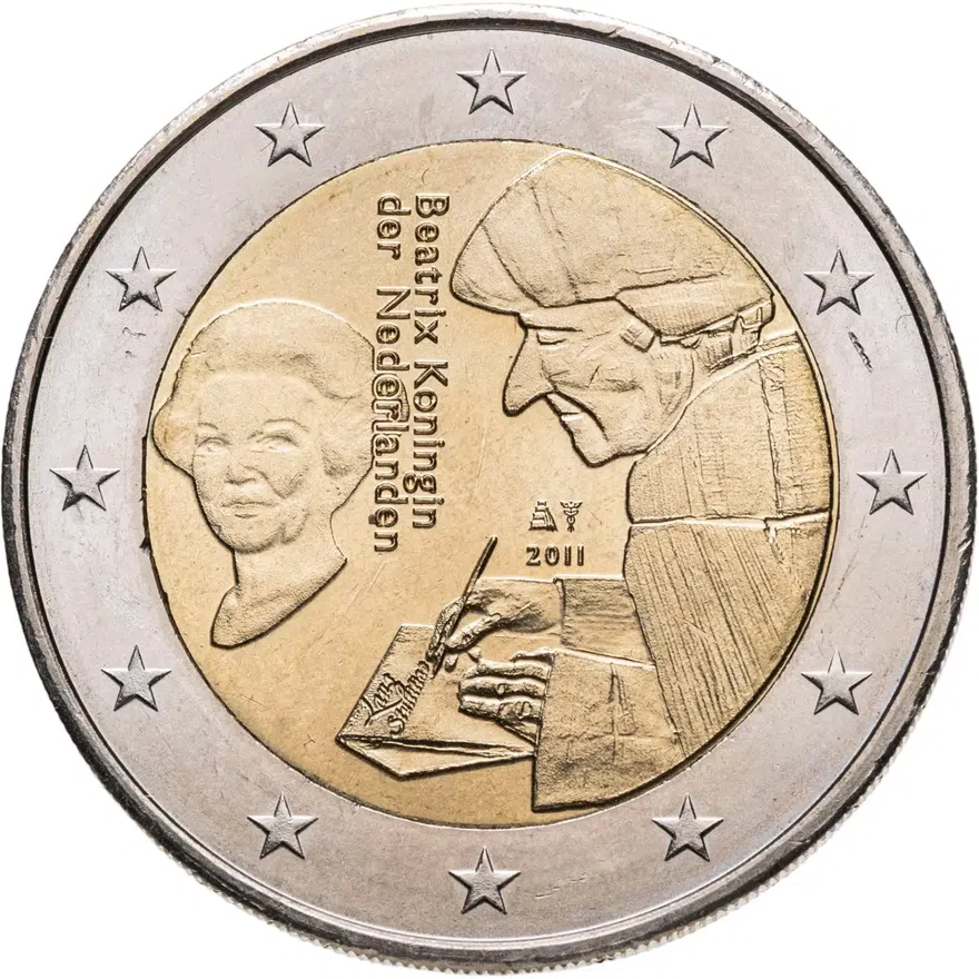 Нидерланды 2 euro (евро) 2011 500 лет издания книги «Похвала глупости» Эразма Роттердамского, аверс