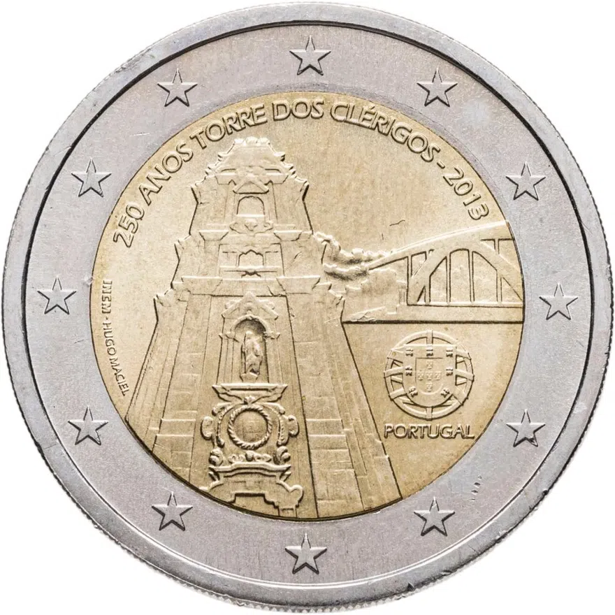 Португалия 2 евро (euro) 2013  250 лет возведения колокольни церкви Клеригуш, реверс